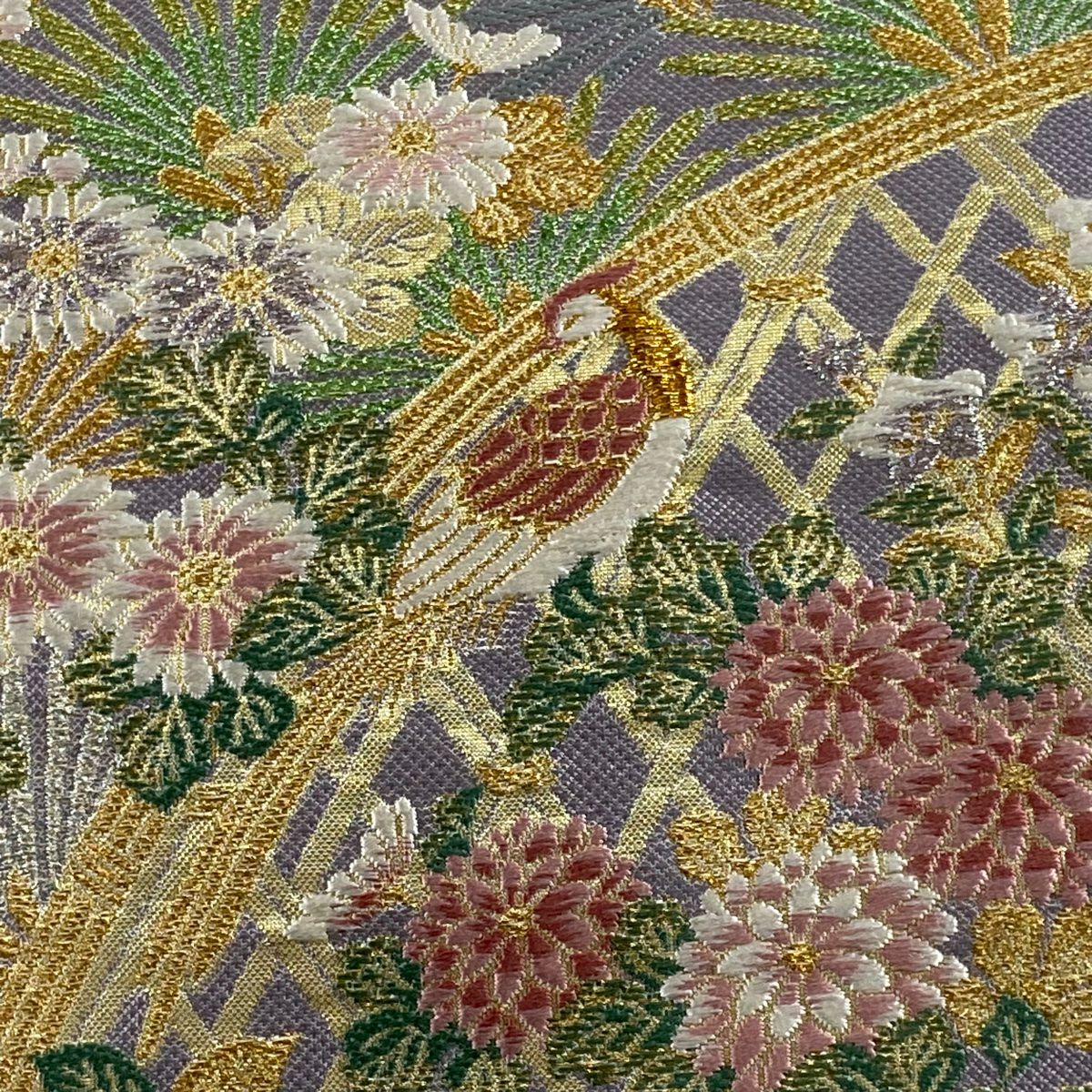 【美品】 袋帶 名品級 松樹梅花 鳥 唐織 金絲 奶油 六通 純蠶絲