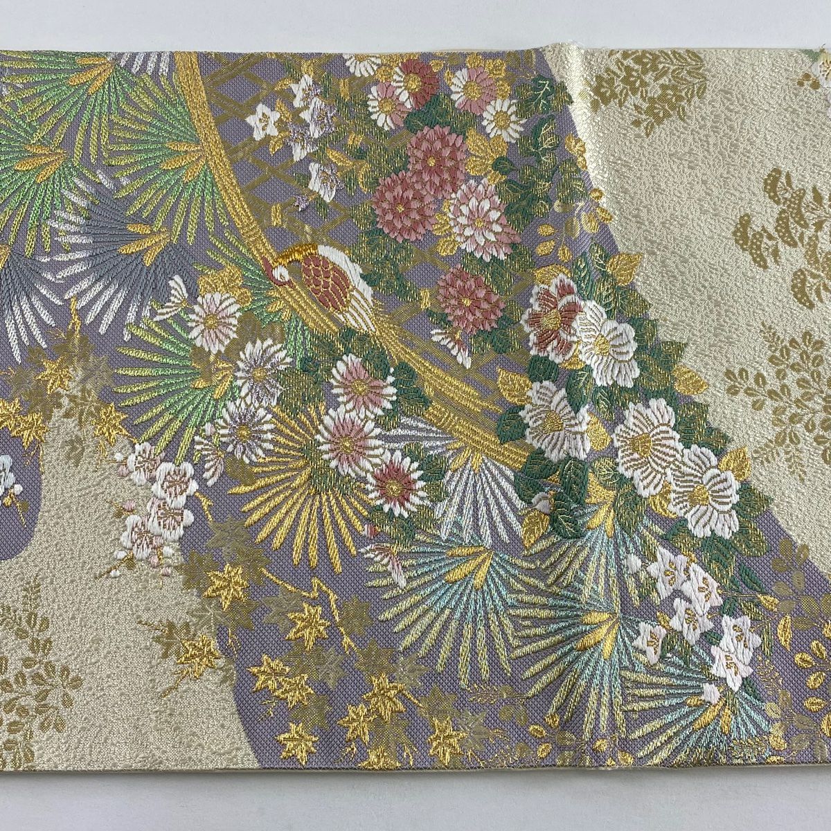 【美品】 袋帶 名品級 松樹梅花 鳥 唐織 金絲 奶油 六通 純蠶絲