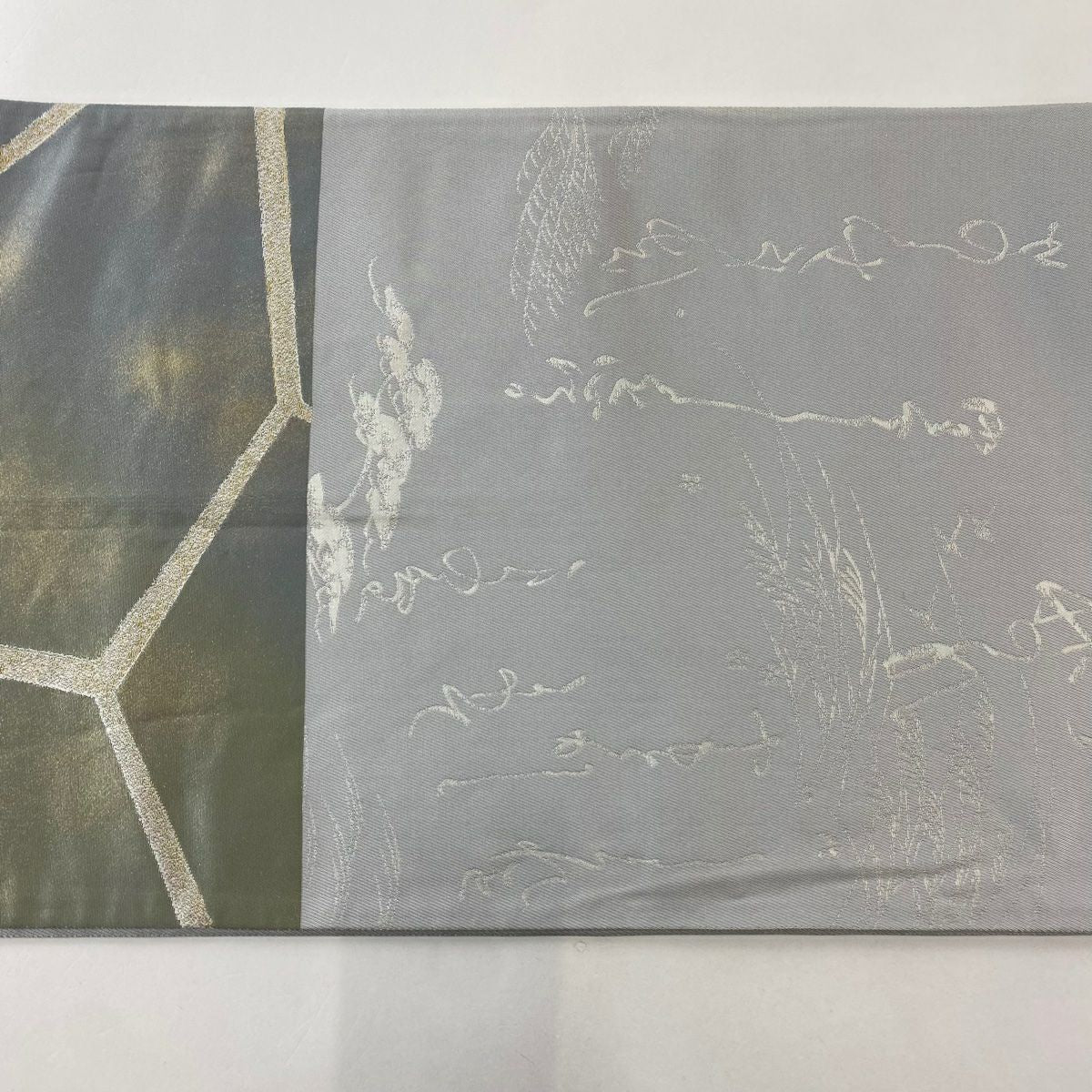 【庫存清倉】 袋帶 名品級 附落款 關西裁縫 深山細道 動物 流水 金銀線 金金箔 灰綠 大鼓圖案 純蠶絲