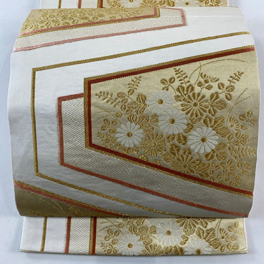 【庫存清倉】 袋帶 名品級 渡文 附落款 關西仕立 菊花花 紗綾形 金絲 金金箔 奶油色 全通 純蠶絲