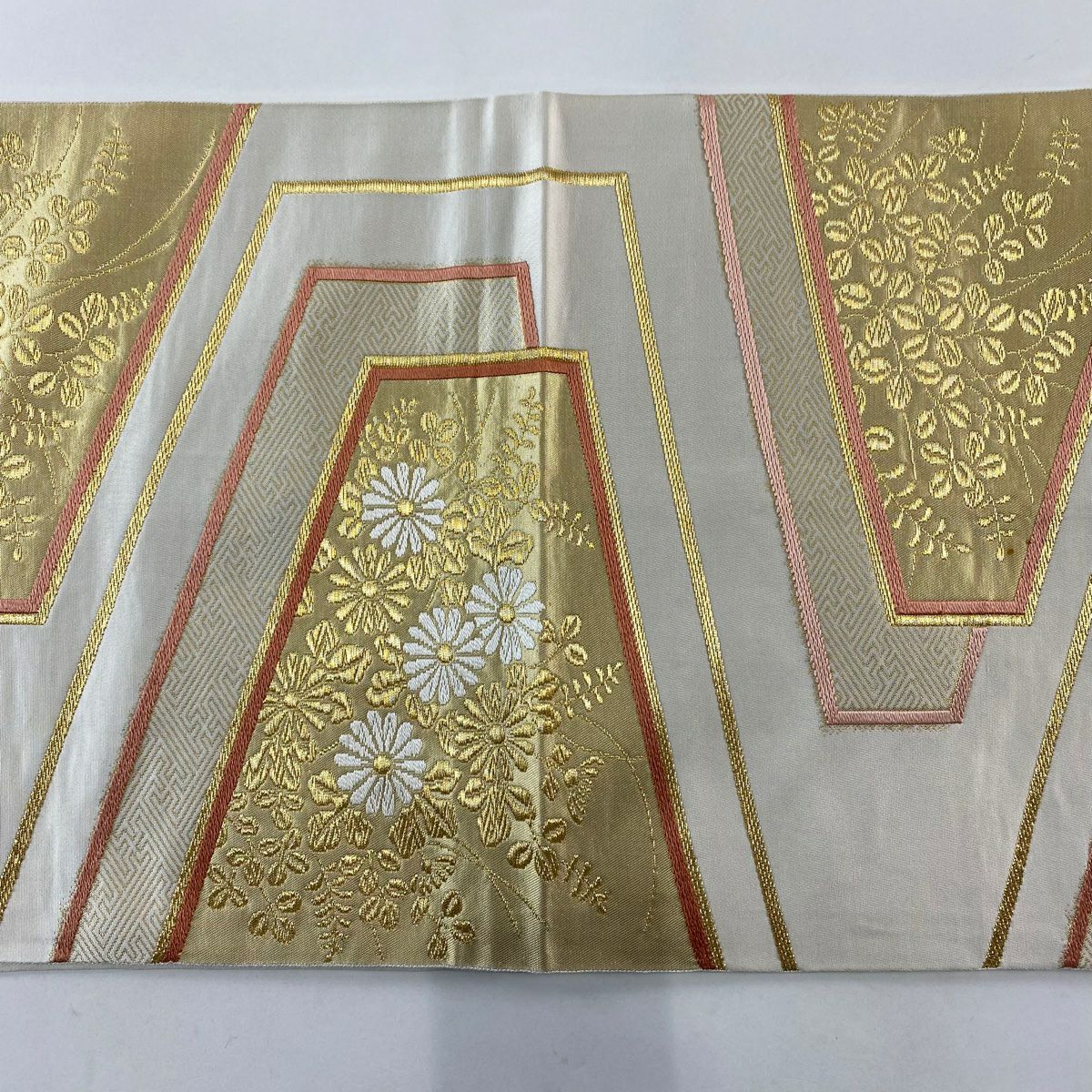 【庫存清倉】 袋帶 名品級 渡文 附落款 關西仕立 菊花花 紗綾形 金絲 金金箔 奶油色 全通 純蠶絲