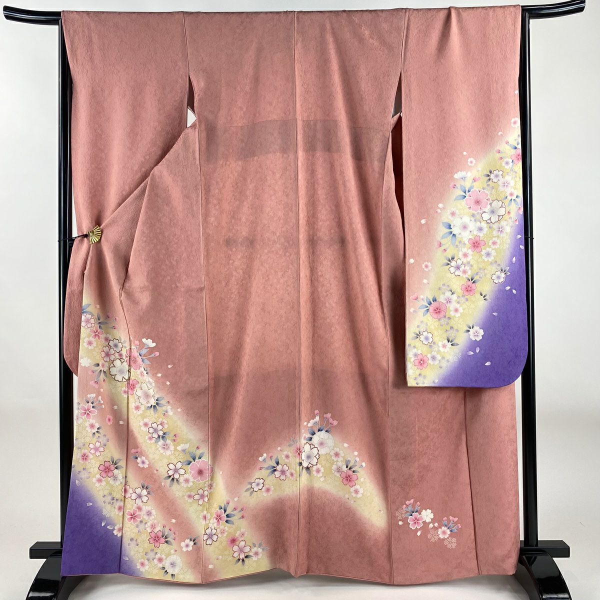 【美品】振袖禮服 身長164cm 袖長66cm M 雙層 櫻花花瓣 金絲 漸層 粉色 純蠶絲 名品級