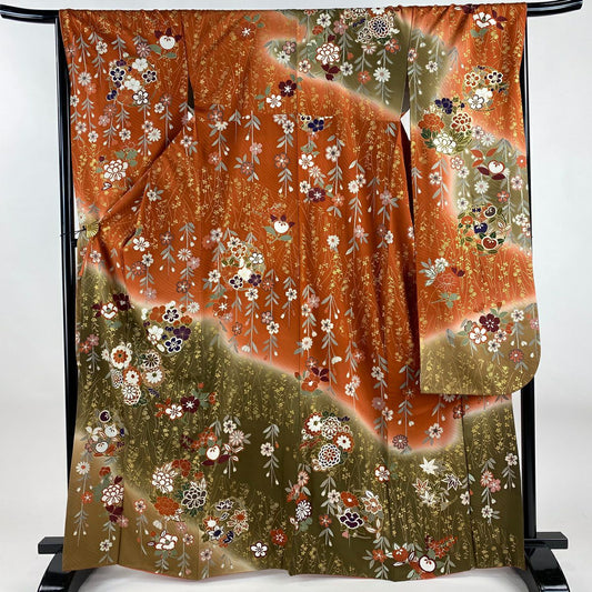 振袖禮服 身長166cm 袖長68cm L 雙層 花丸紋 草花紋紋 金彩裝飾 漸層 紅茶 純蠶絲 名品級