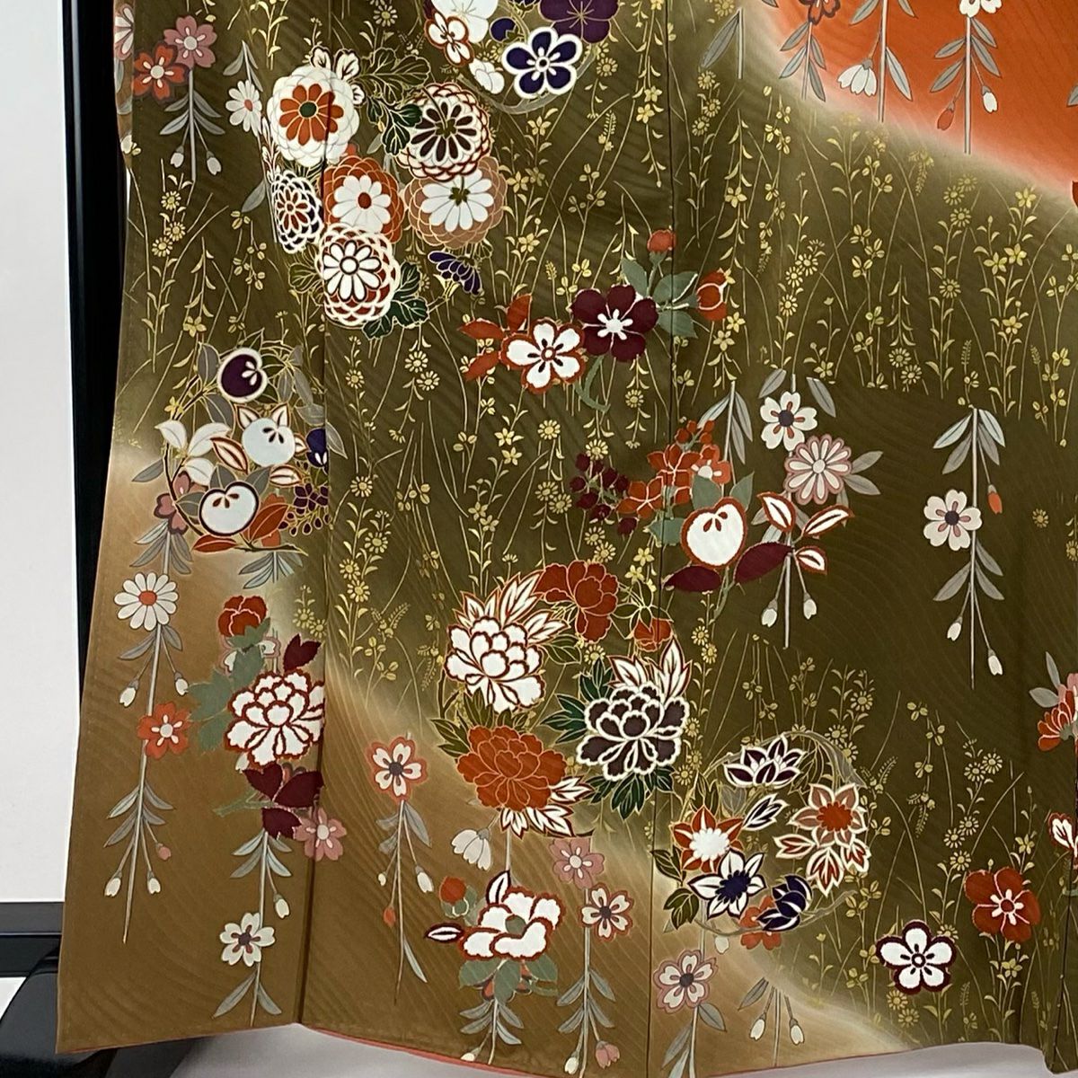 振袖禮服 身長166cm 袖長68cm L 雙層 花丸紋 草花紋紋 金彩裝飾 漸層 紅茶 純蠶絲 名品級