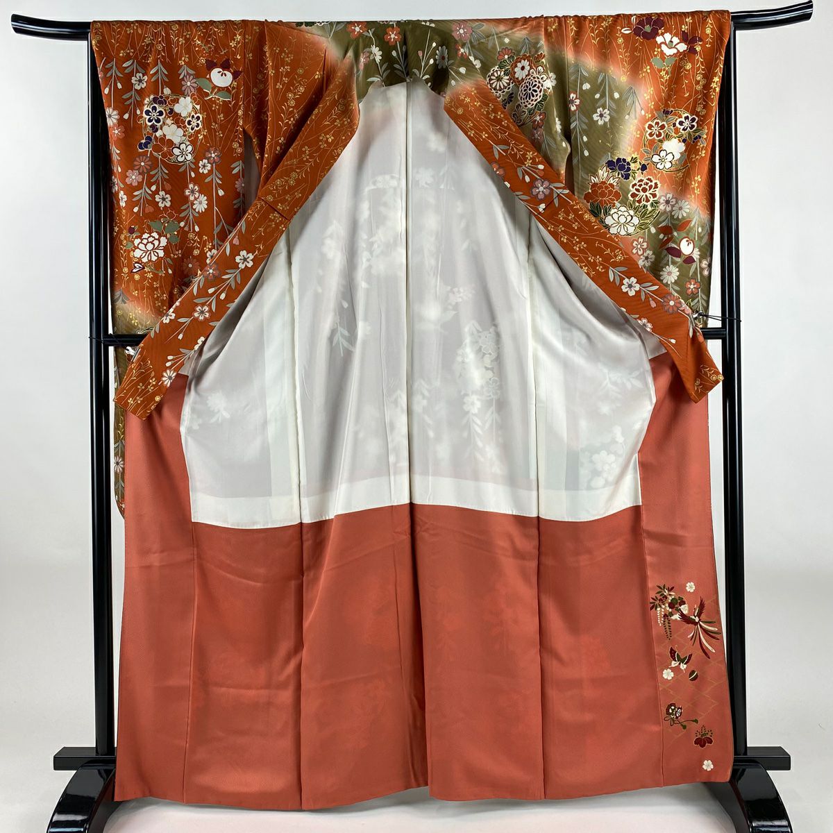 振袖禮服 身長166cm 袖長68cm L 雙層 花丸紋 草花紋紋 金彩裝飾 漸層 紅茶 純蠶絲 名品級