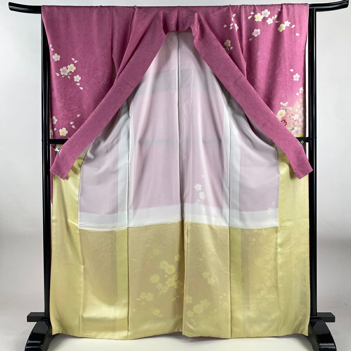 振袖禮服 身長168.5cm 袖長66cm M 雙層櫻花花瓣金彩裝飾漸層粉紅純蠶絲名品級