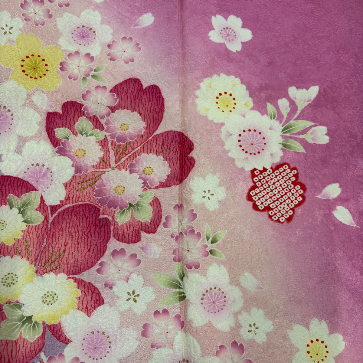 振袖禮服 身長168.5cm 袖長66cm M 雙層櫻花花瓣金彩裝飾漸層粉紅純蠶絲名品級