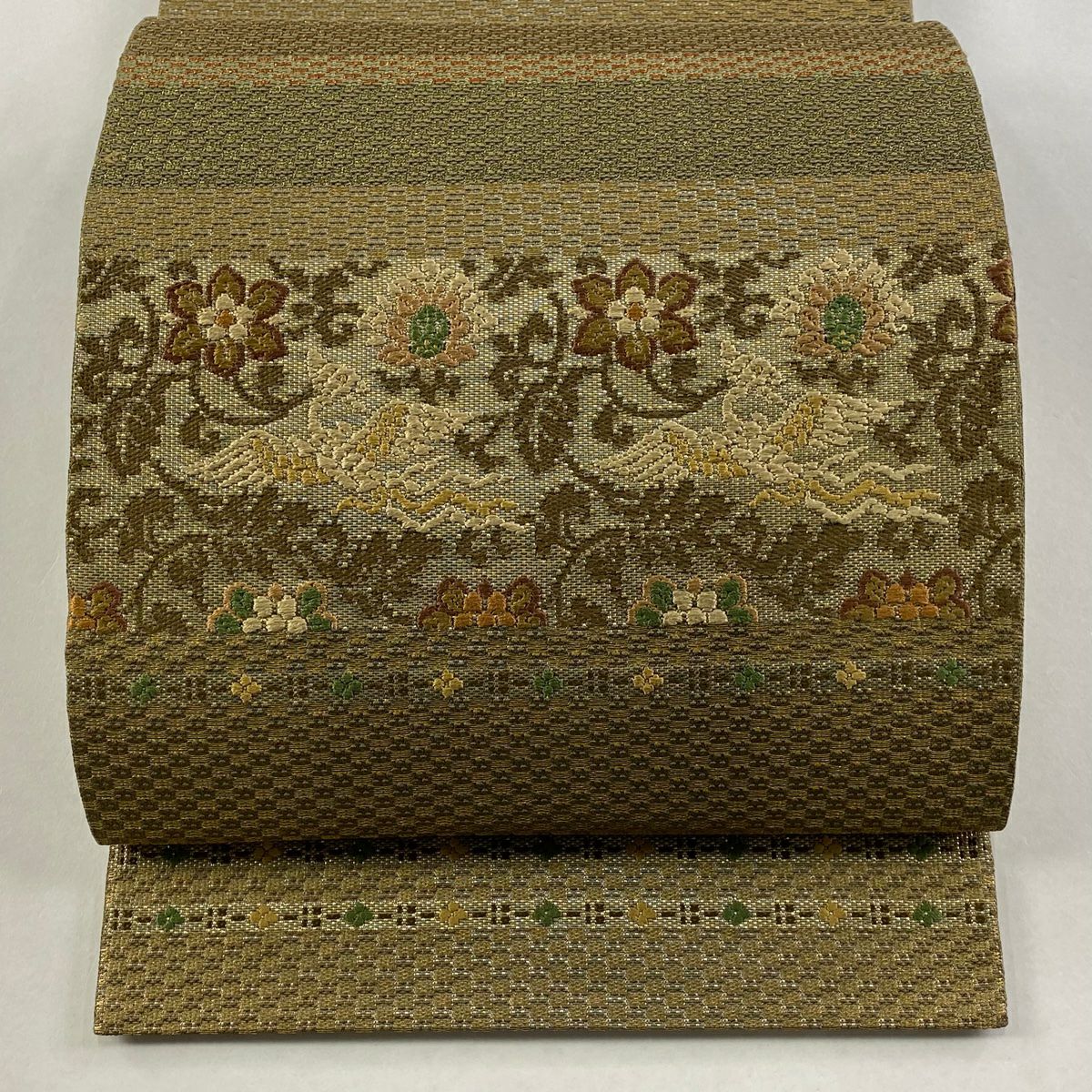 【美品】 袋帶 逸品級 渡文 落款 花鳥 段紋 金金箔 金絲 茶