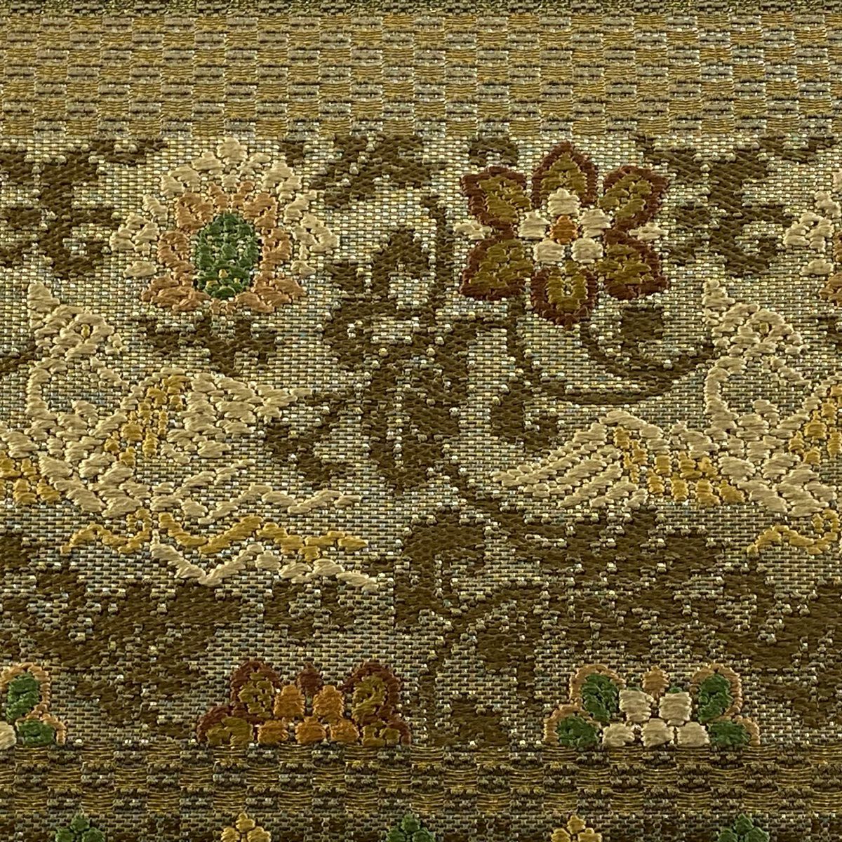 【美品】 袋帶 逸品級 渡文 落款 花鳥 段紋 金金箔 金絲 茶