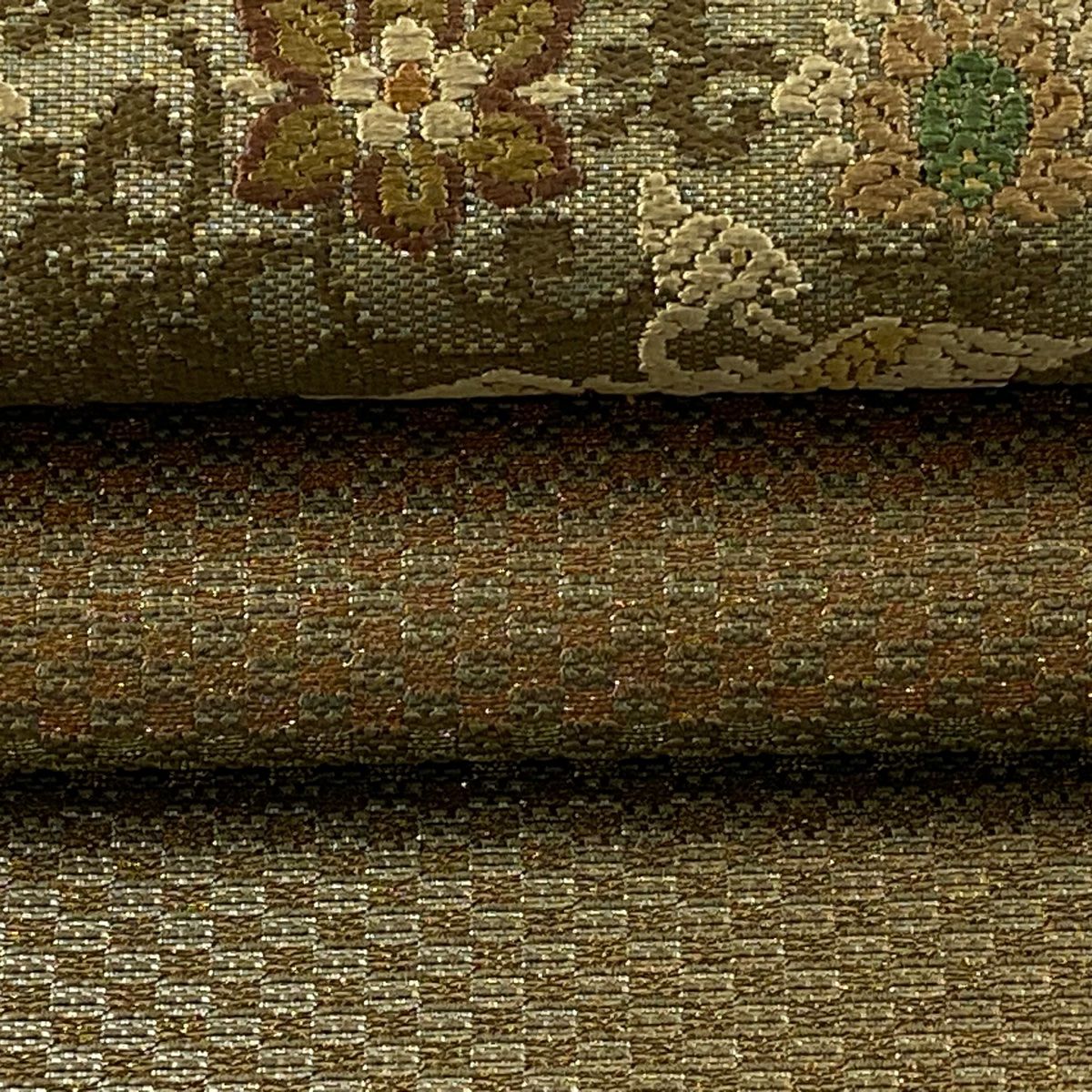 【美品】 袋帶 逸品級 渡文 落款 花鳥 段紋 金金箔 金絲 茶