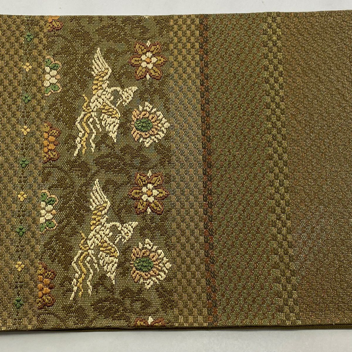 【美品】 袋帶 逸品級 渡文 落款 花鳥 段紋 金金箔 金絲 茶