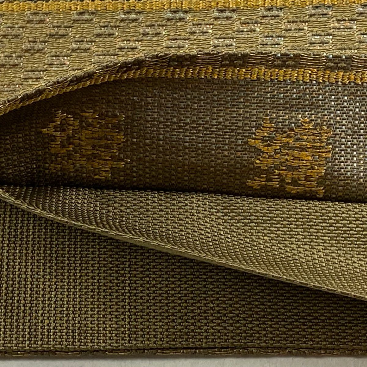 【美品】 袋帶 逸品級 渡文 落款 花鳥 段紋 金金箔 金絲 茶