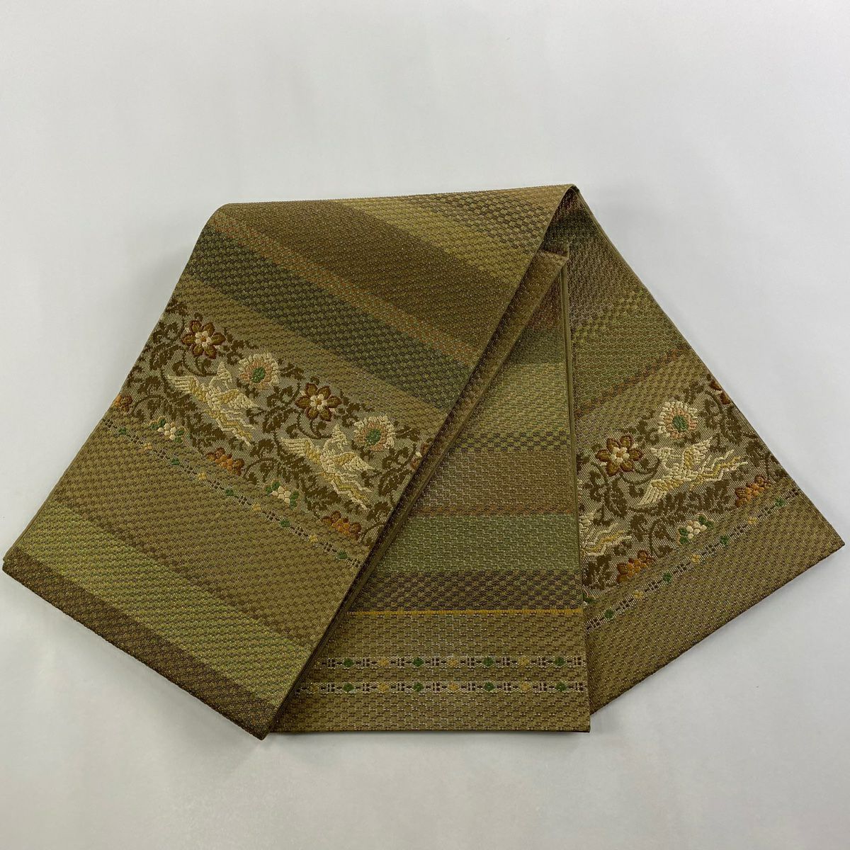 【美品】 袋帶 逸品級 渡文 落款 花鳥 段紋 金金箔 金絲 茶