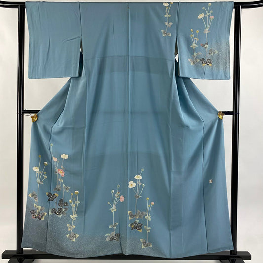 付下 身長157cm 袖長62cm S 雙層 人間國寶 羽田登喜男 落款 草花紋紋 漸層 水藍 純蠶絲 逸品級 一個紋