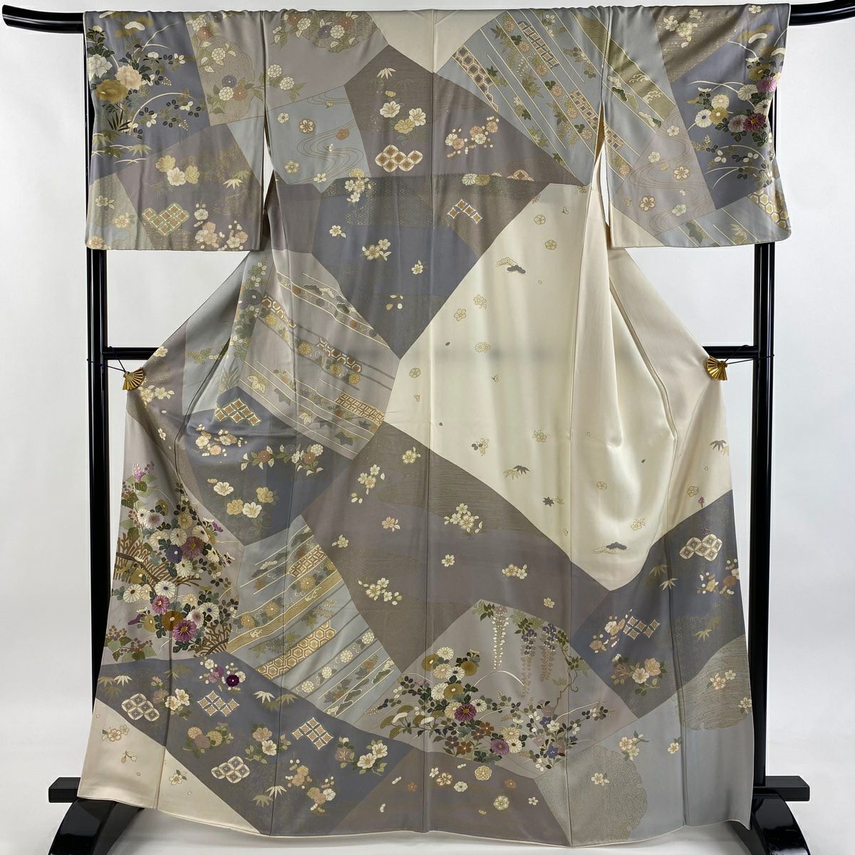 訪問服 身長165cm 袖長68cm L 雙層 帝王紫 落款 菊花 枝梅花 刺繡 金糸 灰紫 純蠶絲 逸品級
