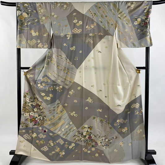 訪問服 身長165cm 袖長68cm L 雙層 帝王紫 落款 菊花 枝梅花 刺繡 金糸 灰紫 純蠶絲 逸品級