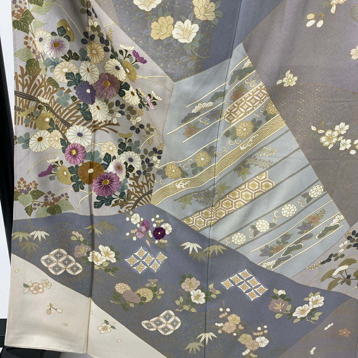 訪問服 身長165cm 袖長68cm L 雙層 帝王紫 落款 菊花 枝梅花 刺繡 金糸 灰紫 純蠶絲 逸品級
