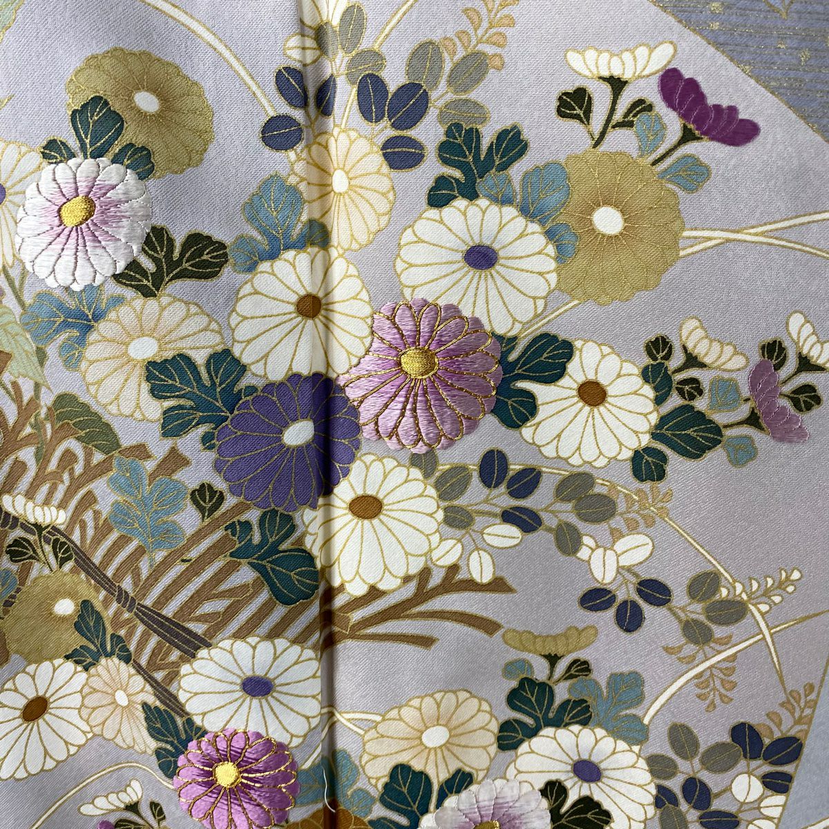 訪問服 身長165cm 袖長68cm L 雙層 帝王紫 落款 菊花 枝梅花 刺繡 金糸 灰紫 純蠶絲 逸品級