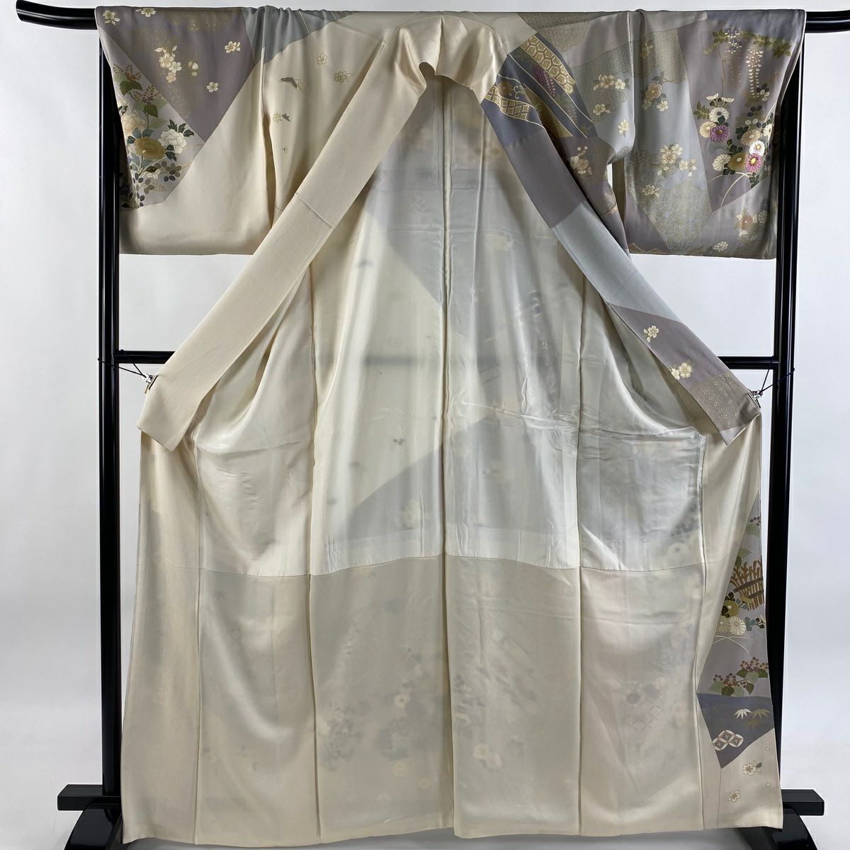 訪問服 身長165cm 袖長68cm L 雙層 帝王紫 落款 菊花 枝梅花 刺繡 金糸 灰紫 純蠶絲 逸品級