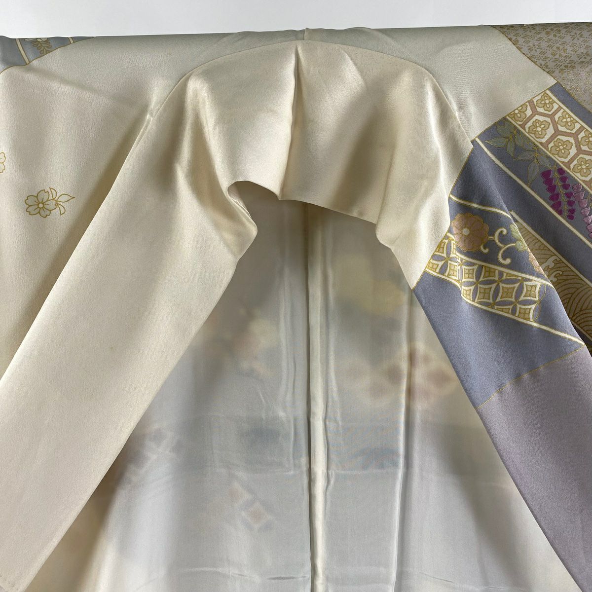 訪問服 身長165cm 袖長68cm L 雙層 帝王紫 落款 菊花 枝梅花 刺繡 金糸 灰紫 純蠶絲 逸品級