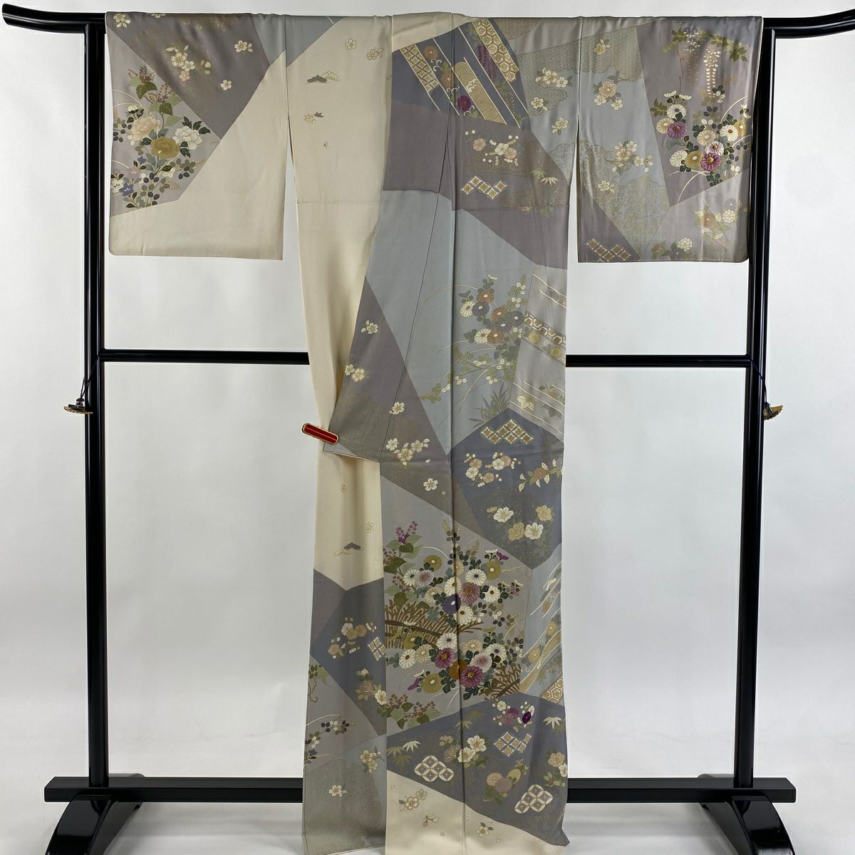 訪問服 身長165cm 袖長68cm L 雙層 帝王紫 落款 菊花 枝梅花 刺繡 金糸 灰紫 純蠶絲 逸品級