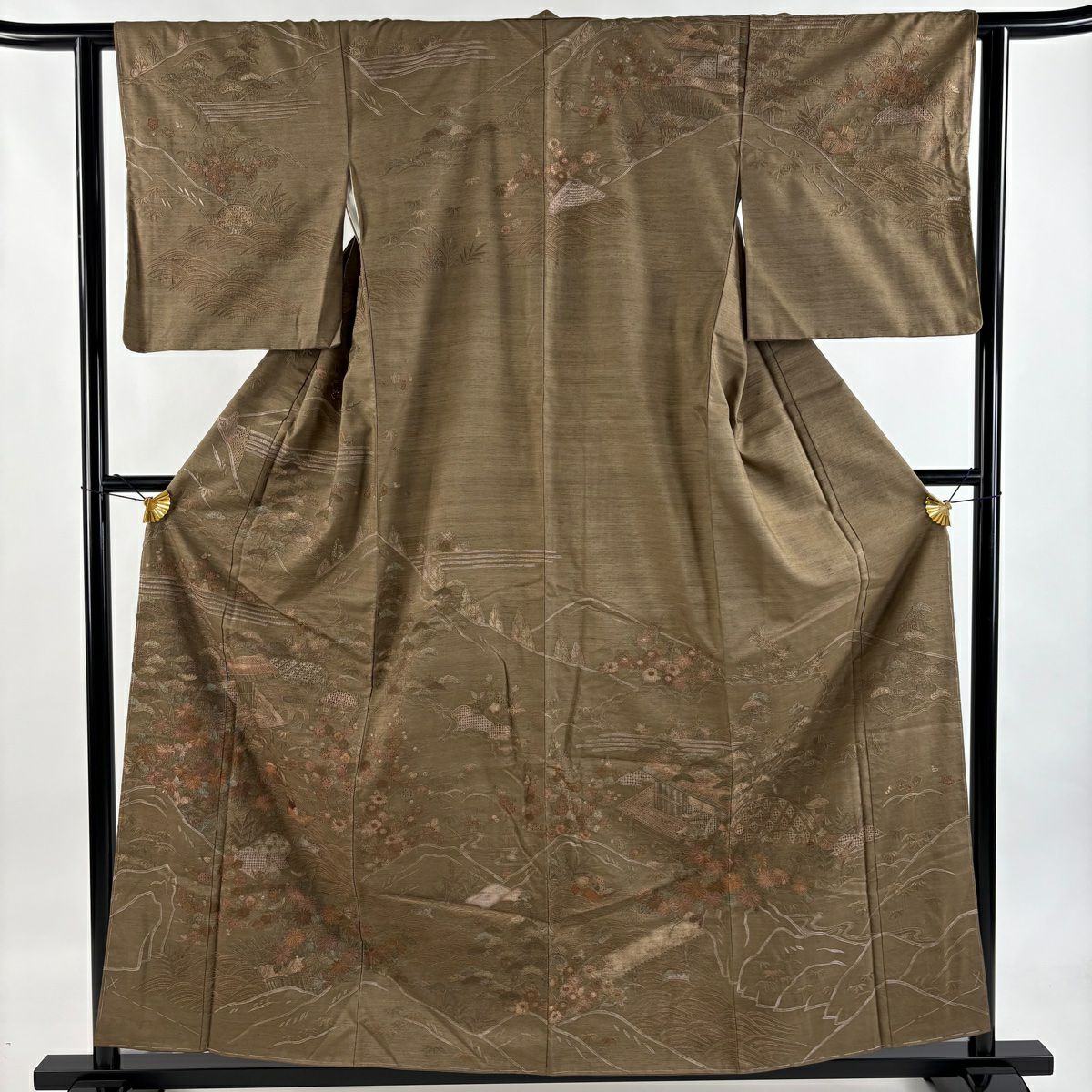 訪問服 身長158.5cm 袖長61.5cm S 雙層 紬織織 鴛鴦 松樹竹子梅花 刺繡 茶 純蠶絲 逸品級