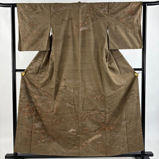 訪問服 身長158.5cm 袖長61.5cm S 雙層 紬織織 鴛鴦 松樹竹子梅花 刺繡 茶 純蠶絲 逸品級