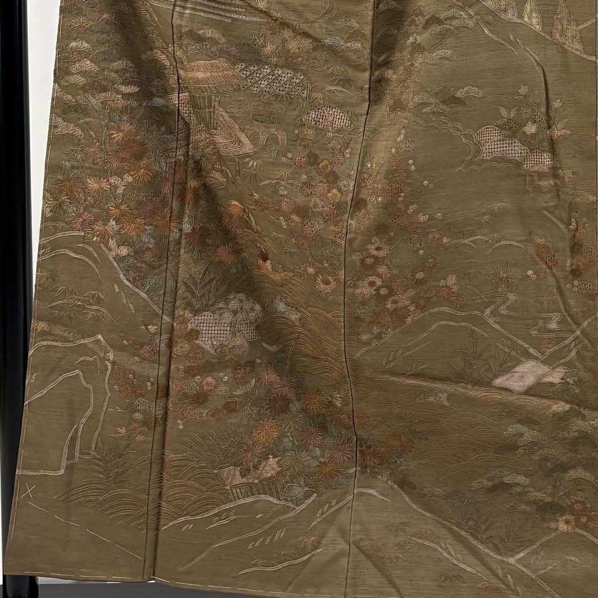 訪問服 身長158.5cm 袖長61.5cm S 雙層 紬織織 鴛鴦 松樹竹子梅花 刺繡 茶 純蠶絲 逸品級