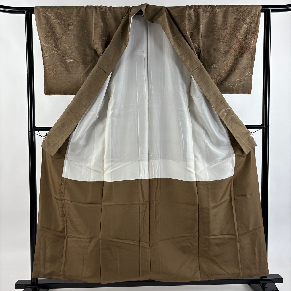 訪問服 身長158.5cm 袖長61.5cm S 雙層 紬織織 鴛鴦 松樹竹子梅花 刺繡 茶 純蠶絲 逸品級