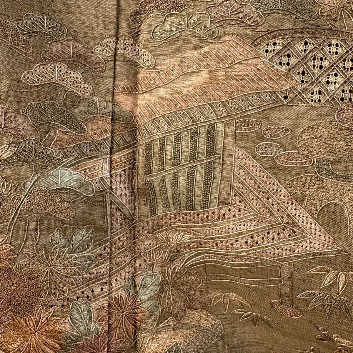 訪問服 身長158.5cm 袖長61.5cm S 雙層 紬織織 鴛鴦 松樹竹子梅花 刺繡 茶 純蠶絲 逸品級