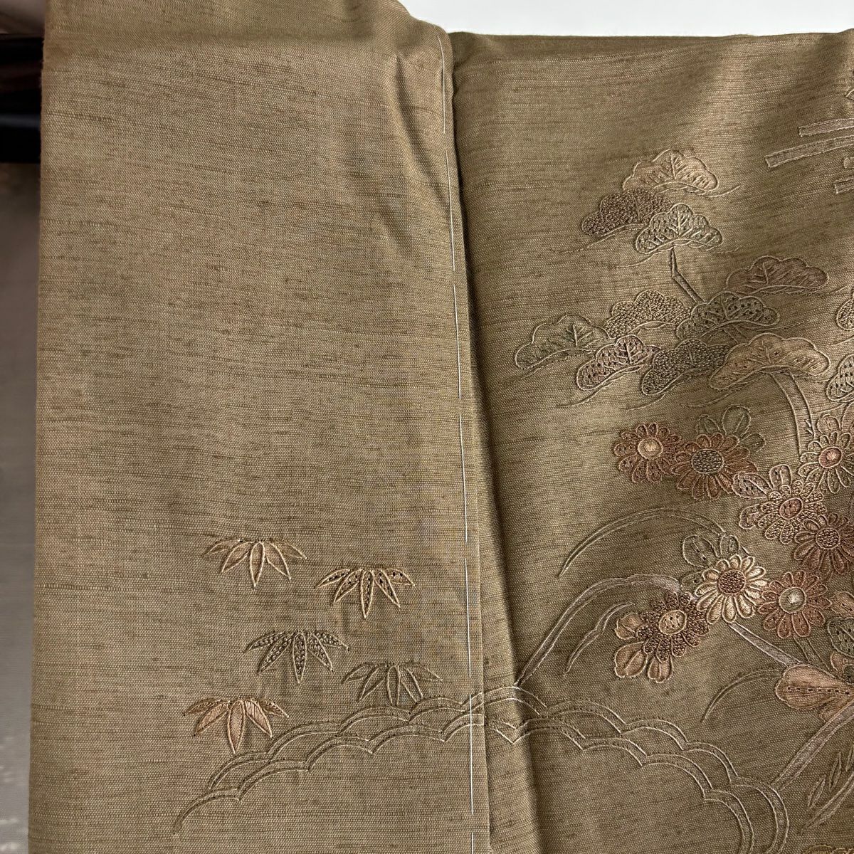 訪問服 身長158.5cm 袖長61.5cm S 雙層 紬織織 鴛鴦 松樹竹子梅花 刺繡 茶 純蠶絲 逸品級