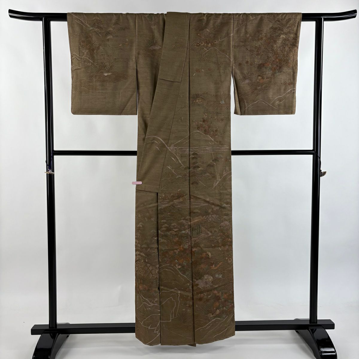 訪問服 身長158.5cm 袖長61.5cm S 雙層 紬織織 鴛鴦 松樹竹子梅花 刺繡 茶 純蠶絲 逸品級