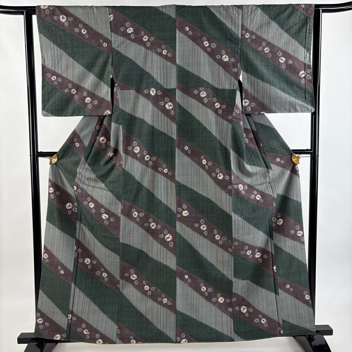 【美品】 小紋 身長161.5cm 袖長61.5cm S 雙層 吉澤與市 紬織織 縞 草花紋紋 絞染 灰綠 純蠶絲 逸品級