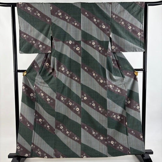【美品】 小紋 身長161.5cm 袖長61.5cm S 雙層 吉澤與市 紬織織 縞 草花紋紋 絞染 灰綠 純蠶絲 逸品級