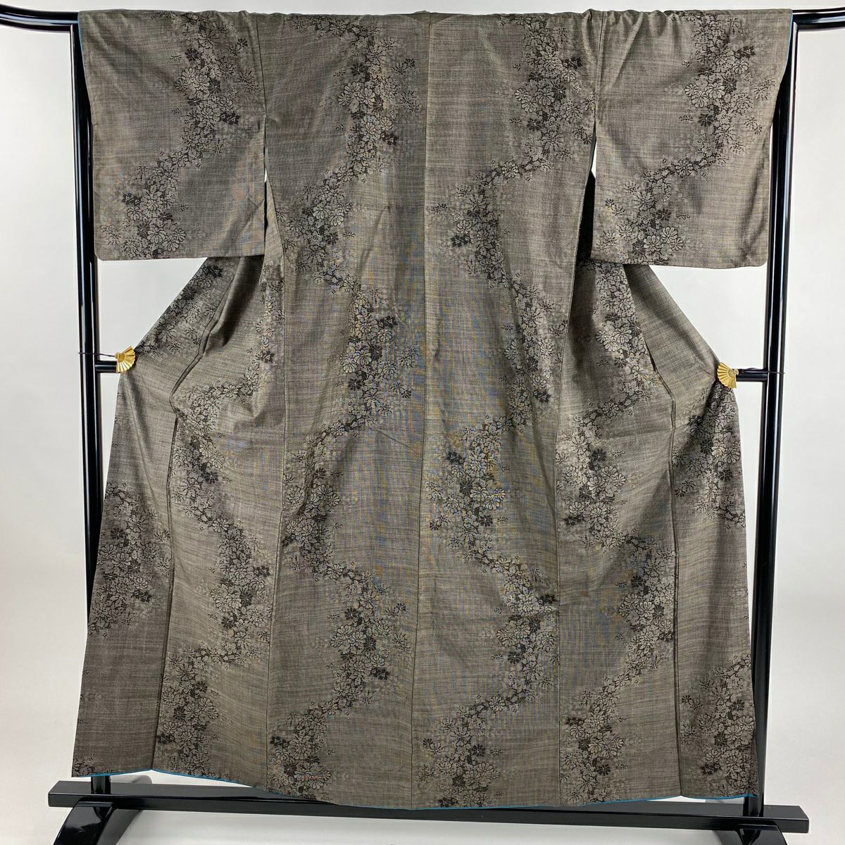 紬織 身長158cm 袖長65.5cm M 雙層 草花紋紋 焦茶 純蠶絲 秀品級