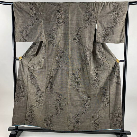紬織 身長158cm 袖長65.5cm M 雙層 草花紋紋 焦茶 純蠶絲 秀品級