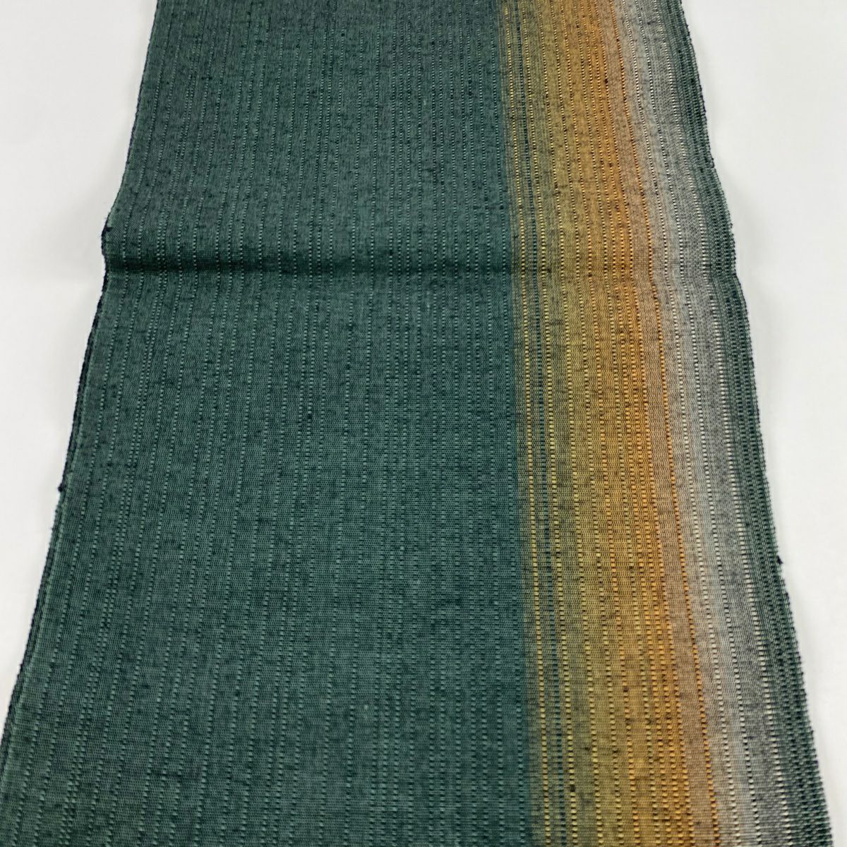 【美品】名古屋帶 秀品級 八寸名古屋 紬織織 縞 深綠 純蠶絲