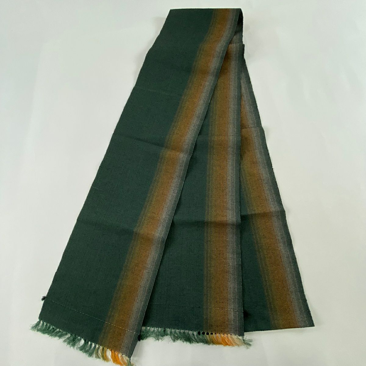 【美品】名古屋帶 秀品級 八寸名古屋 紬織織 縞 深綠 純蠶絲