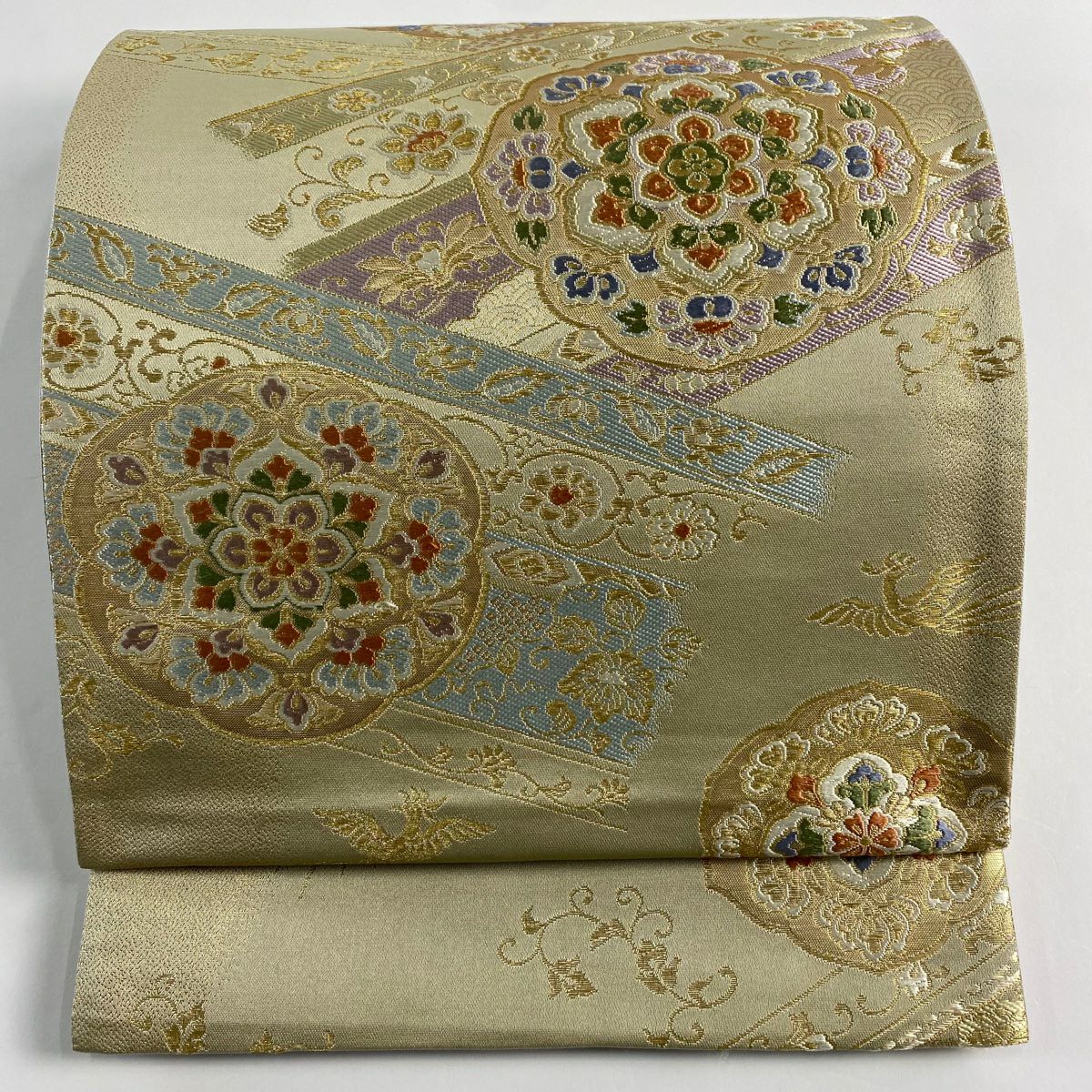 【美品】 袋帶 秀品級 華紋 花鳥 金絲 金金箔 淺茶 深色 六通 純蠶絲