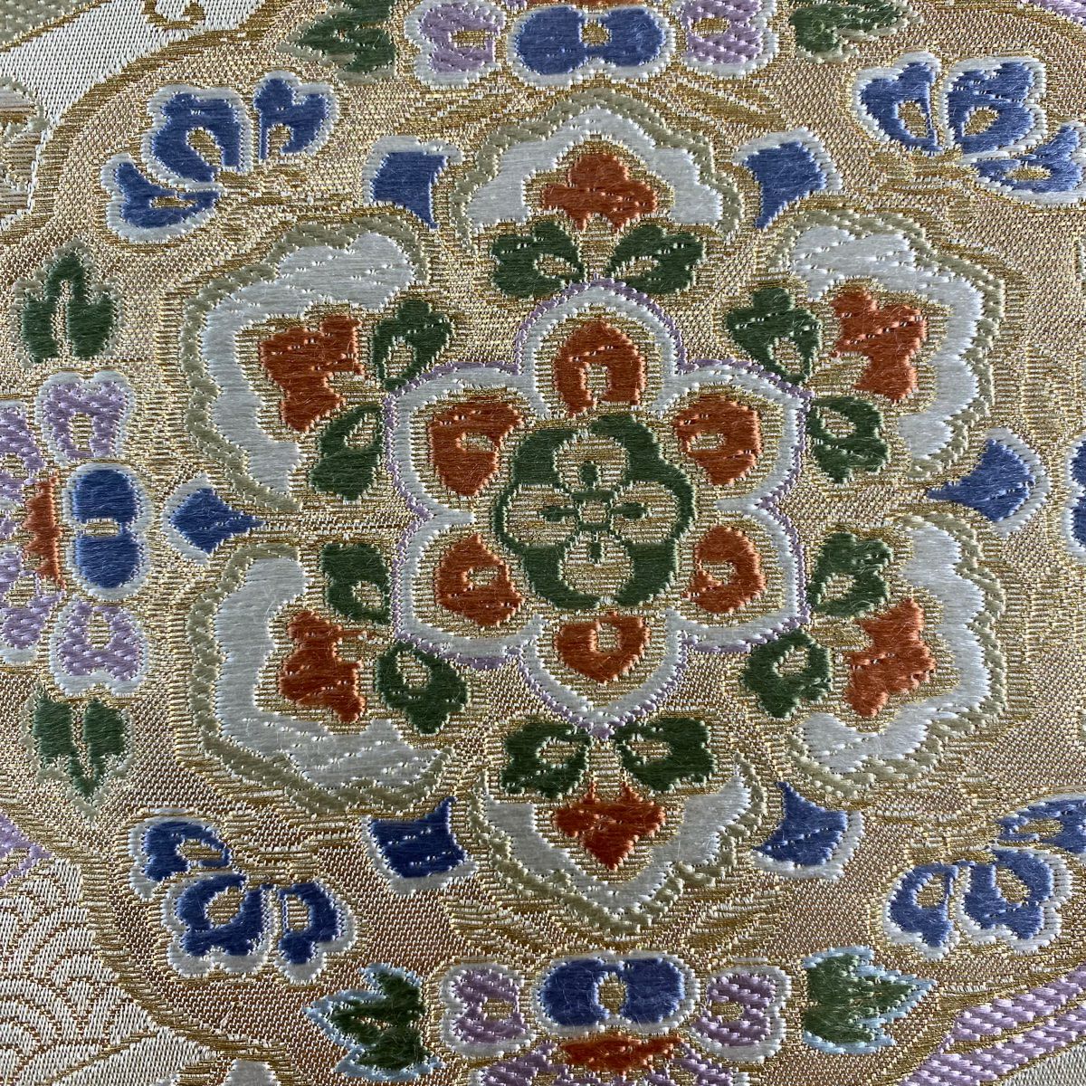 【美品】 袋帶 秀品級 華紋 花鳥 金絲 金金箔 淺茶 深色 六通 純蠶絲