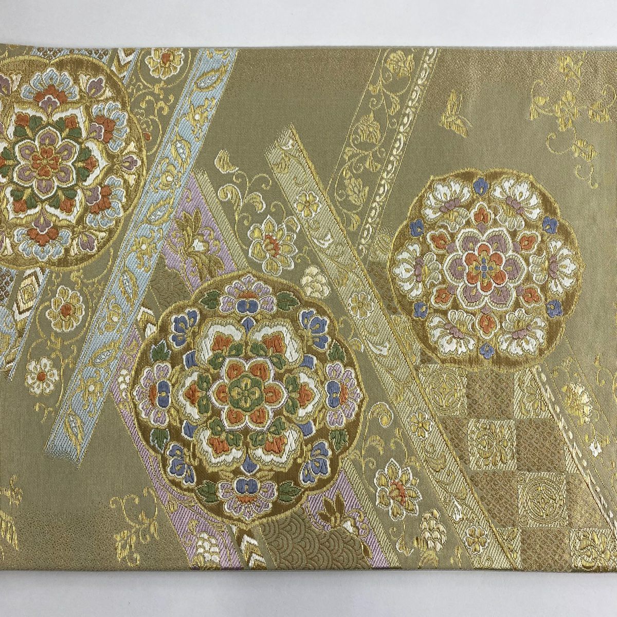 【美品】 袋帶 秀品級 華紋 花鳥 金絲 金金箔 淺茶 深色 六通 純蠶絲