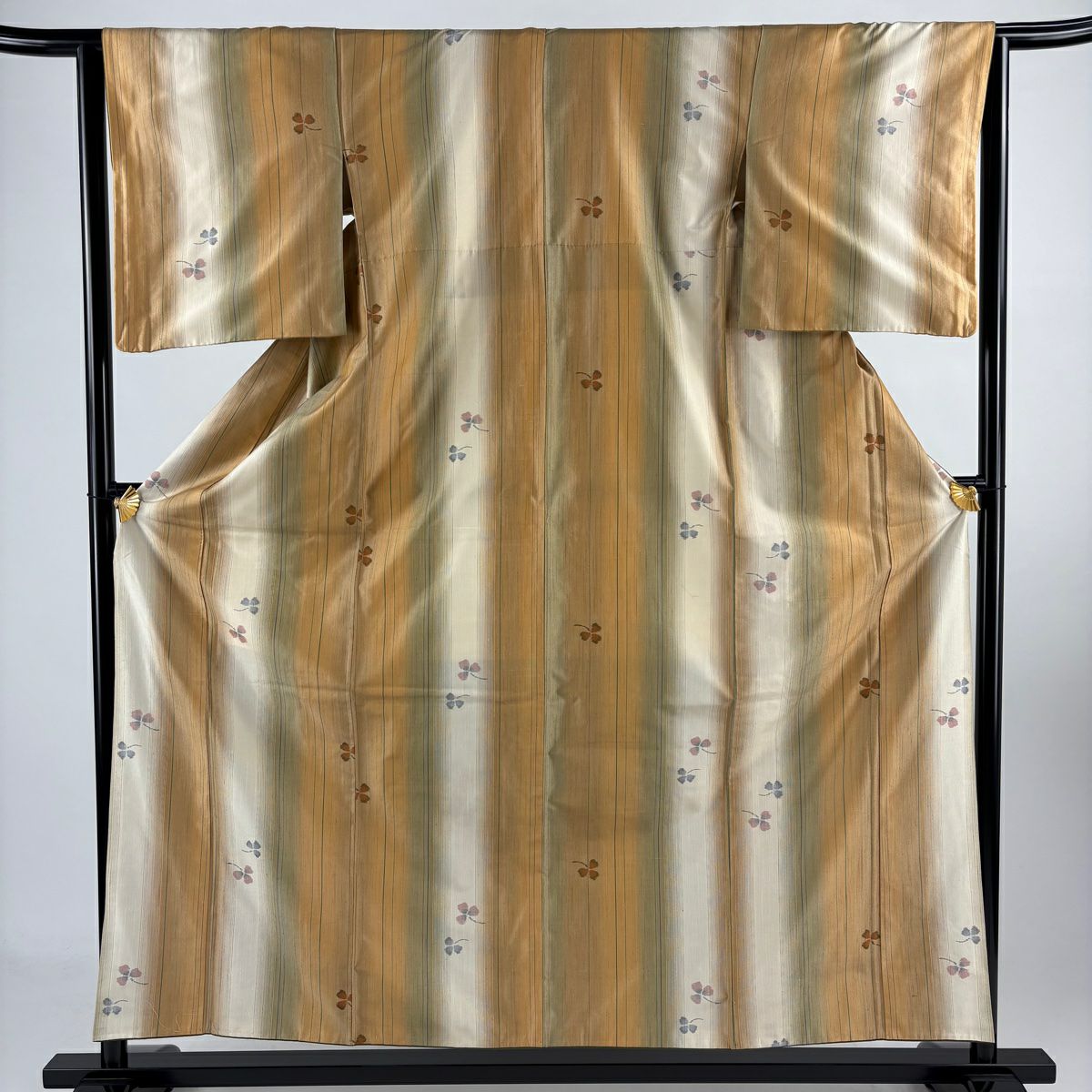 【美品】 紬織 身長157cm 袖長63.5cm S 雙層 縱條 三葉 黃土色 純蠶絲 秀品級
