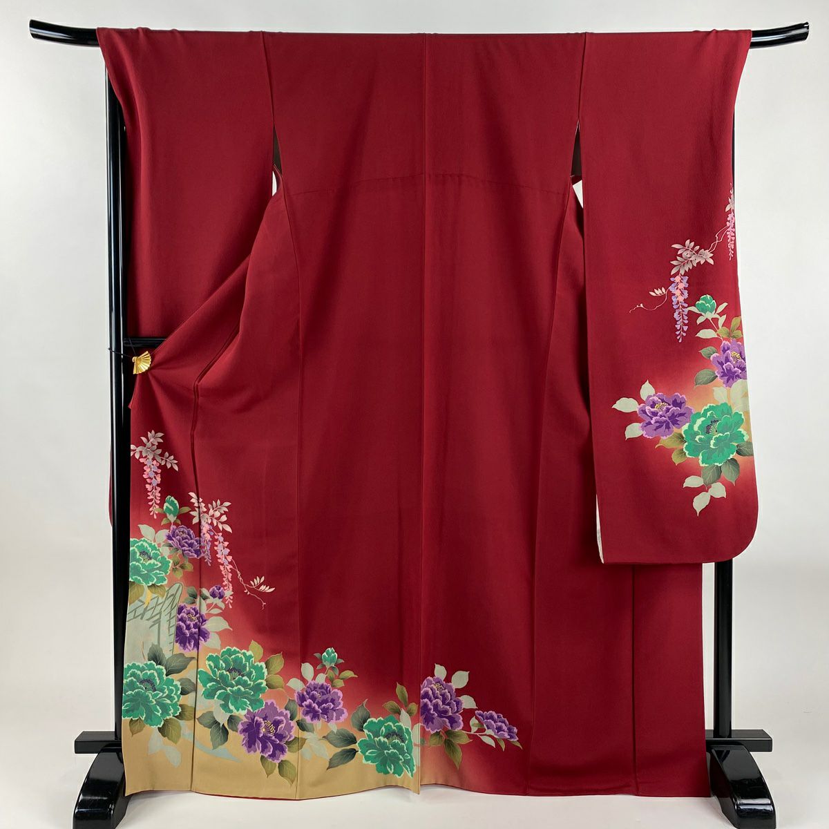 振袖禮服 身長169.5cm 袖長68.5cm L 雙層 牡丹 藤 金金箔 金銀彩 紅 純蠶絲 名品級