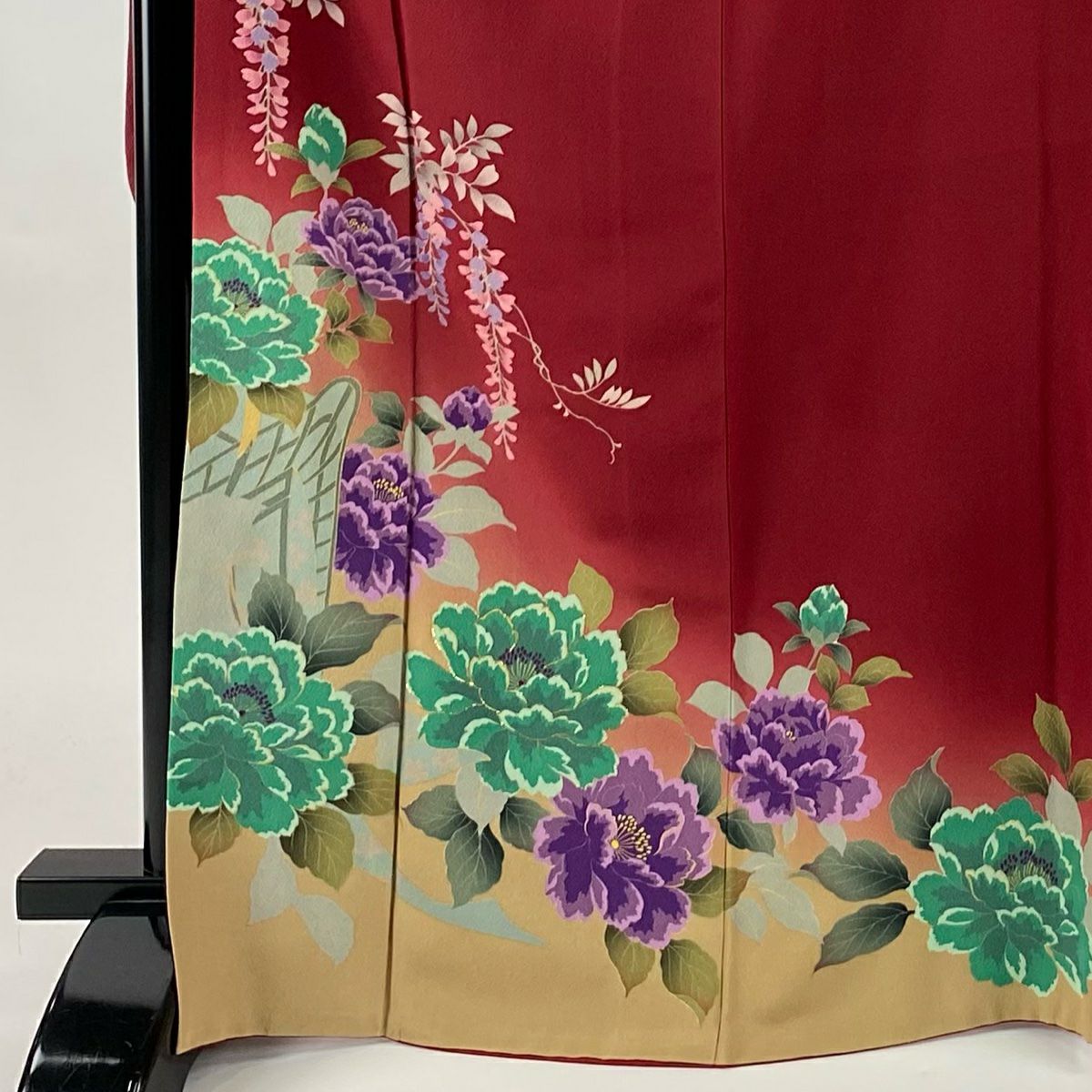 振袖禮服 身長169.5cm 袖長68.5cm L 雙層 牡丹 藤 金金箔 金銀彩 紅 純蠶絲 名品級