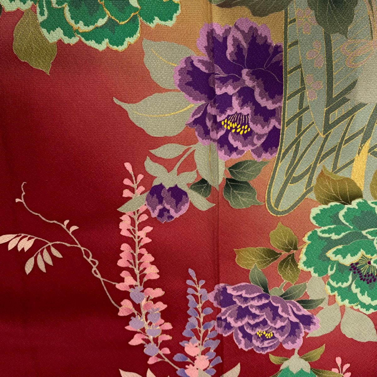 振袖禮服 身長169.5cm 袖長68.5cm L 雙層 牡丹 藤 金金箔 金銀彩 紅 純蠶絲 名品級