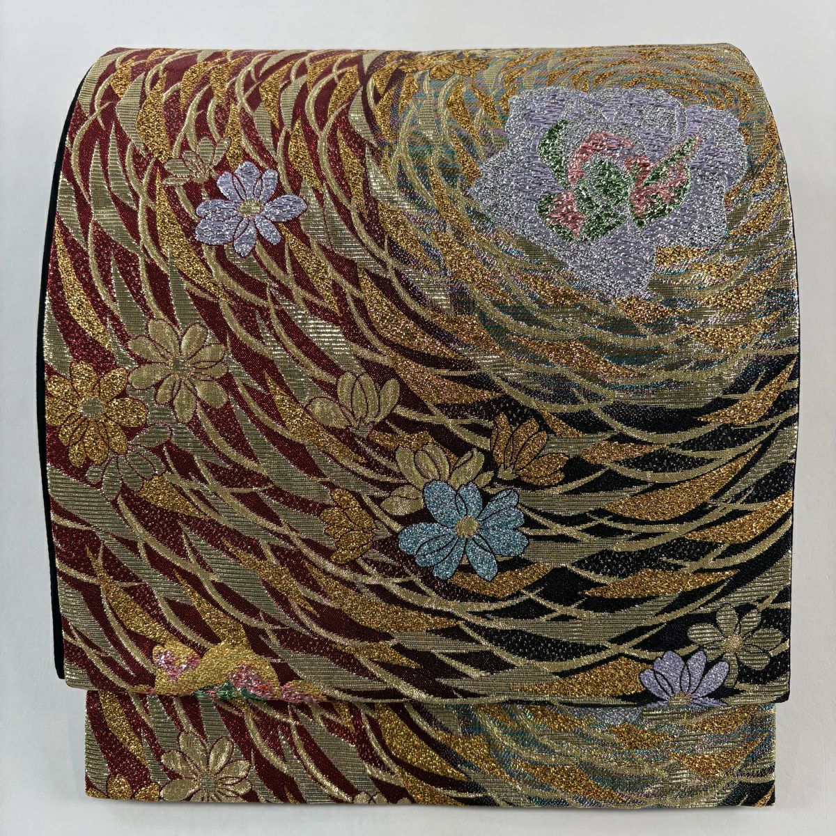 【美品】 袋帶 秀品級 草花紋紋 金金箔 紅 六通 純蠶絲