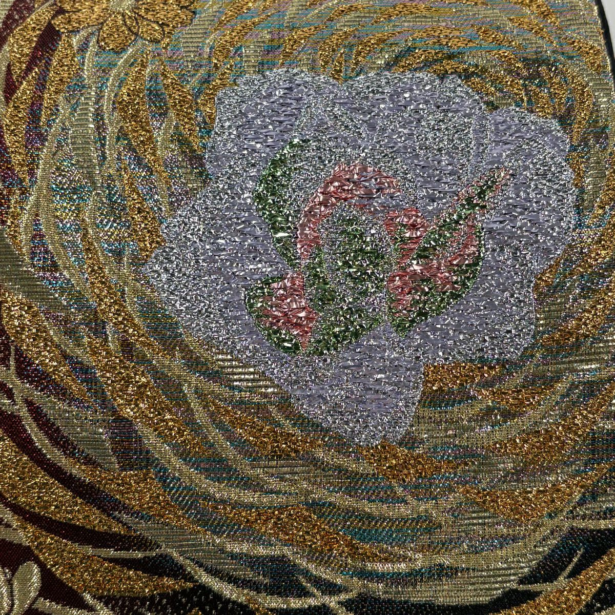 【美品】 袋帶 秀品級 草花紋紋 金金箔 紅 六通 純蠶絲