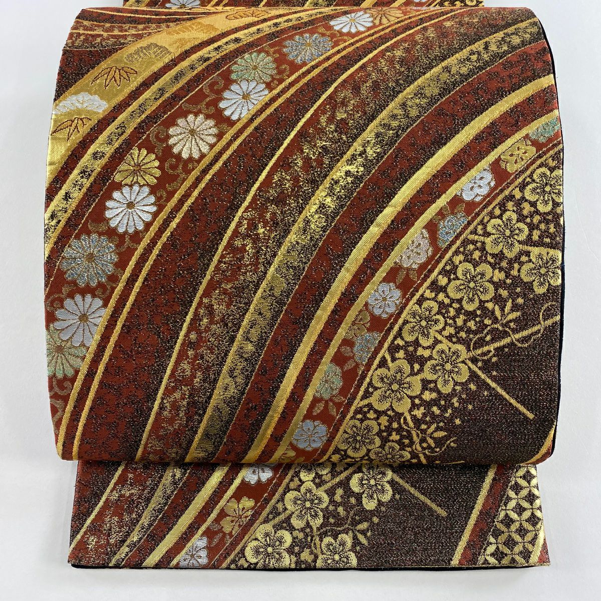 【美品】 袋帶 秀品級 松樹竹子梅花 菊花唐草紋 金金箔 金絲 紅茶 六通 純蠶絲
