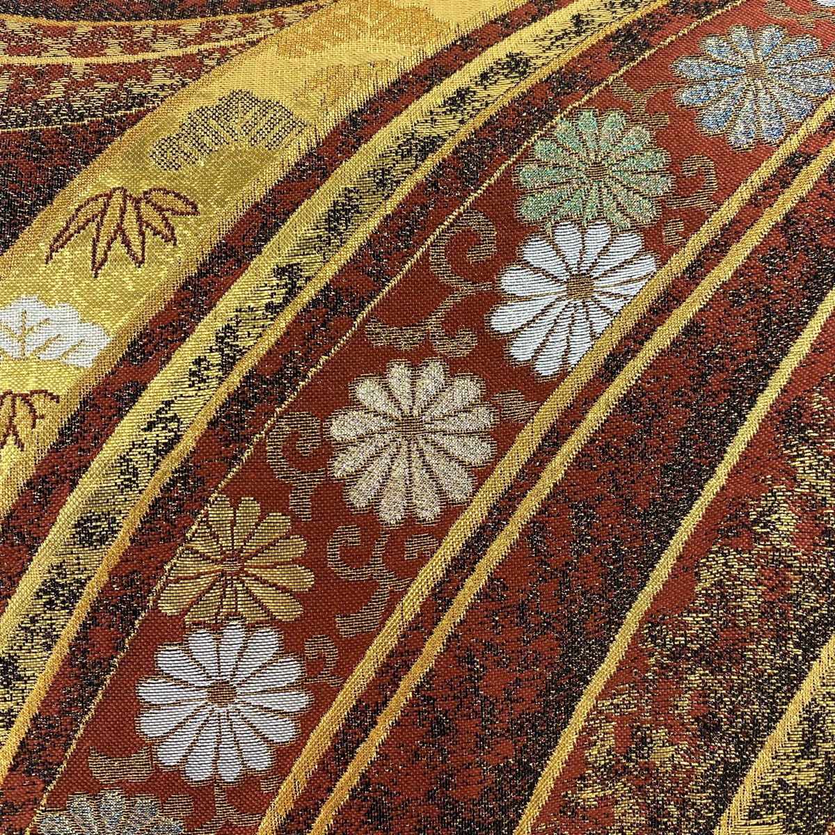 【美品】 袋帶 秀品級 松樹竹子梅花 菊花唐草紋 金金箔 金絲 紅茶 六通 純蠶絲