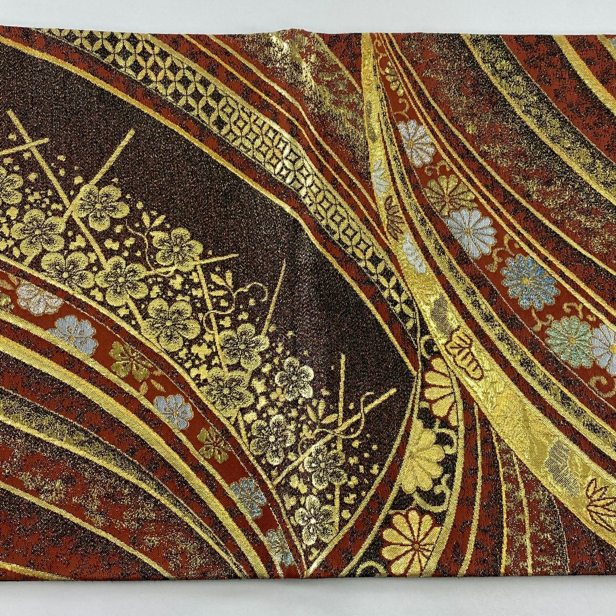 【美品】 袋帶 秀品級 松樹竹子梅花 菊花唐草紋 金金箔 金絲 紅茶 六通 純蠶絲